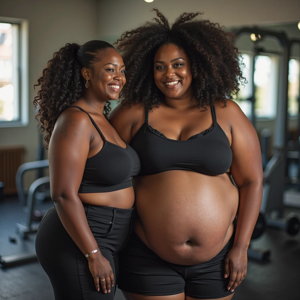 1980's workout scene. Pregnant women in leotards and tights. Very pregnant. high cut leotards. Very sexy. Hands on bellies. One blond and one brunette. Very pretty. Aerobic class. Mature picture.