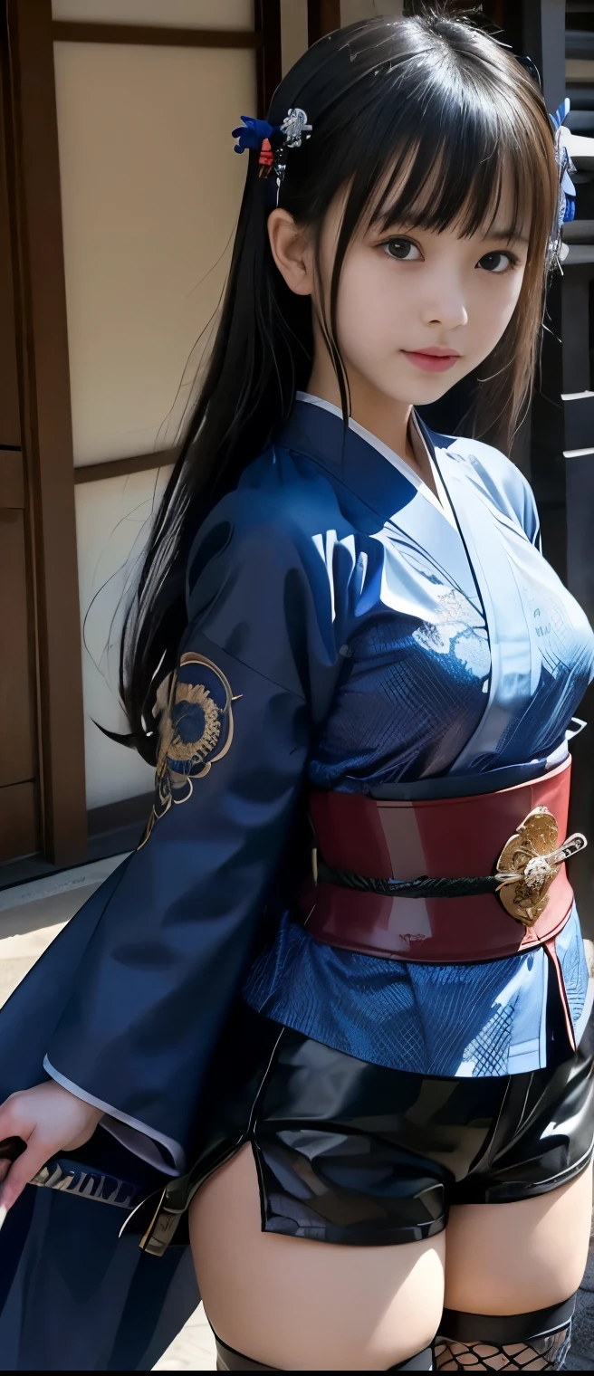 Pure Samurai Idol Girl、A pure girl's face、 hypo、Black tight shorts、Blue Thunder Kimono Jacket、、Glowing Blue Thunder Japanese Sword、Samurai Belt、fishnet tights