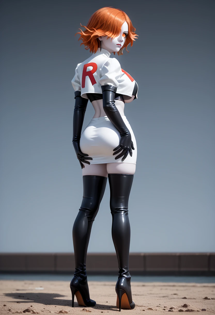 (masterpiece,highest quality,In 8K,Super detailed,High resolution,Realistic,absolutely:1.2),(The woman is squatting down with her legs apart and standing on her toes:1.5),(photographed alone:1.5), (A beautiful woman wearing Team Rocket's white uniform,A large red letter R is drawn on the chest of the jacket:1.5),(A woman with a very cute face:1.4),(Cool face with Japanese-like narrow eyes:1.4), (bowl cut, blue hair color:1.5),(accurate hands:1.4),(woman's hand:1.2),(cowboy shot:1.5),(overlook:1.5), (20 year old Japanese woman,clothing that fits,Make your skirt very short, Black patent leather gloves, Black patent leather long boots:1.3), (secret society hideout), (camel toe:1.3), (The upper body is thin:1.4), (flat chest:1.4), (big butt, thick thighs:1.4), (A is being looked at from below.:1.4)