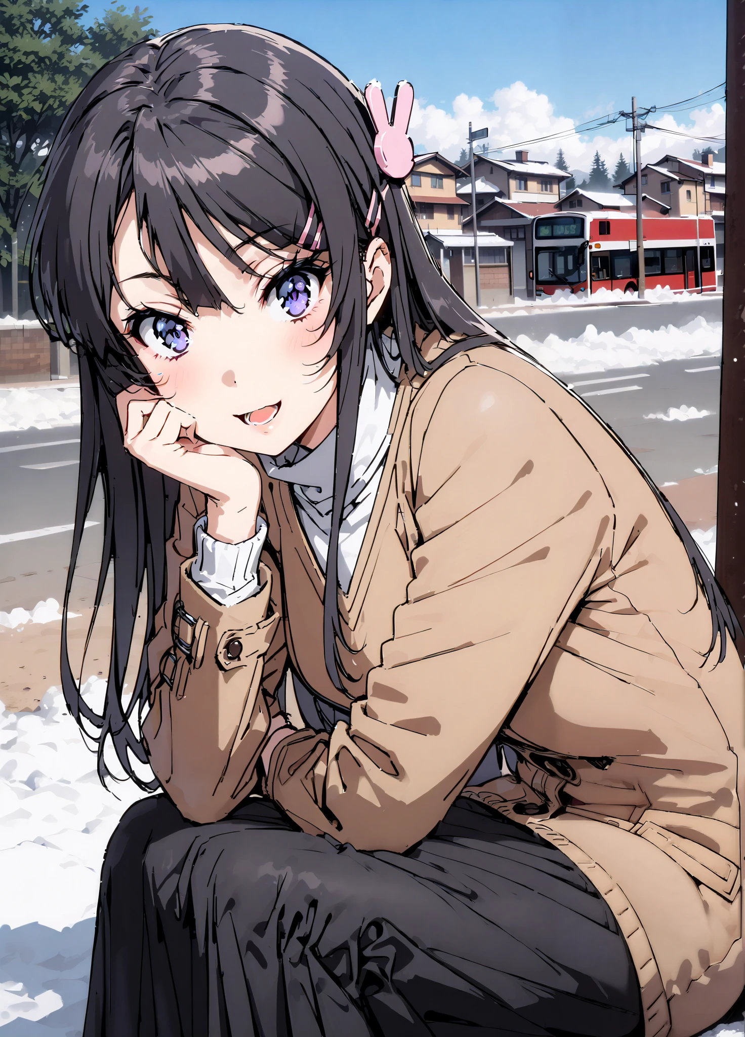 household, Mai Sakurajima , long hair, bungs,   black hair,Alone, hair accessories, purple eyes, hair clip for hair, rabbit hair accessories,smile,blush,open your mouth,Glasses, duffle coat,(sweater  :1.2),( turtleneck on acher:1.2),long skirt,long skirt,Black Pantyhose,boots,snow,winter,Standing residential area,Beautiful cityscape,,full bodyがイラストに入るように,
break looking at viewer,full body,
break outdoors, bus stop,
break (masterpiece:1.2),top quality , kampala, Unity 8K Wallpaper ,(shape:0.8),(  fine, beautiful eyes  :1.6),It's a person ,full body写真,CG Details , (perfect hands with full nudity, complete anatomy),