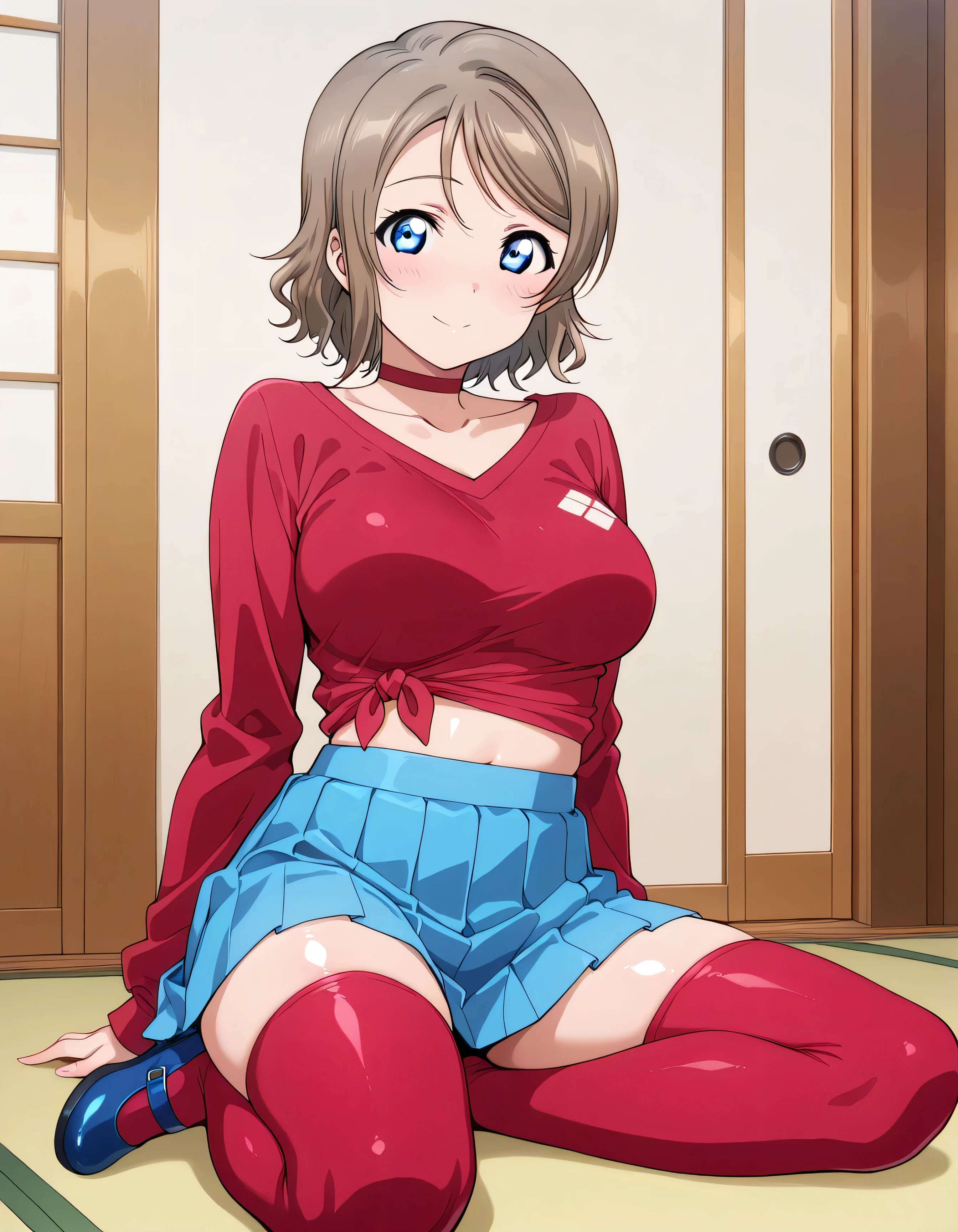 masterpiece, best quality, girl, beautiful face, clean skin, shiny hair, shiny skin, beautiful face, perfect eyes high quality shine, best quality, very aesthetic, absurd, perfect body quality, beautiful curves, perfect, you watanabe, blue eyes, brown hair, short hair, swept bangs, large breasts, Japanese style room, Mita uniform, collarbone,red choker,red shirt,midriff,long sleeves,medium breasts,miniskirt,blue skirt,pleated skirt,red thighhighs,zettai ryouiki,mary janes,blue footwear
