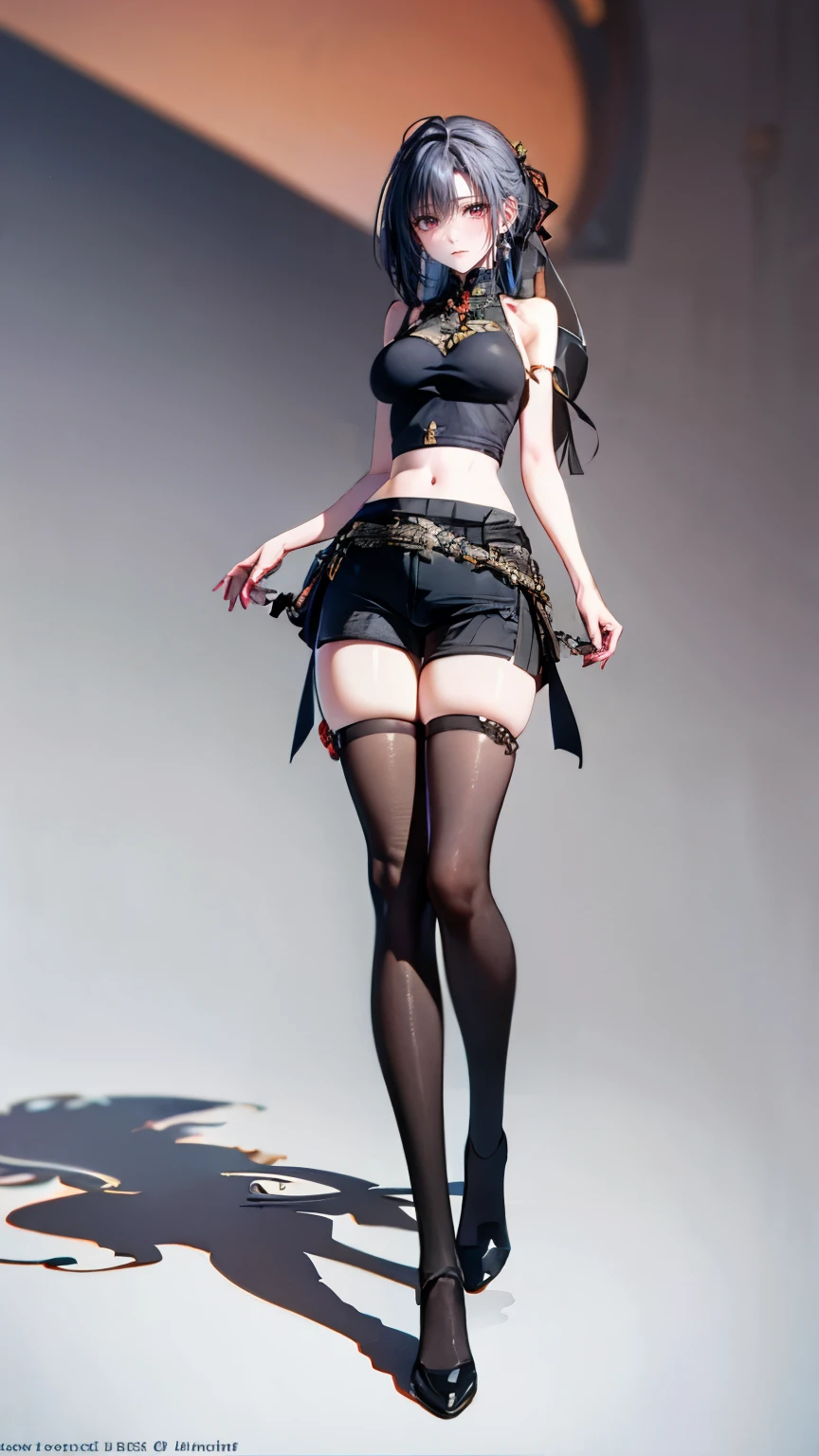 all intricate details: "1 female only 18 years old, ((Best quality)), ((Masterpiece)), full body, slim build, Looking_at_viewer, Dynamic Angle, short , V-neck, Cute, light facial skin, Leg up, Thigh Strap, ((Intricate details throughout image, high contrast,))), ((Random Pose)), uncensored, NSFW, random angle"