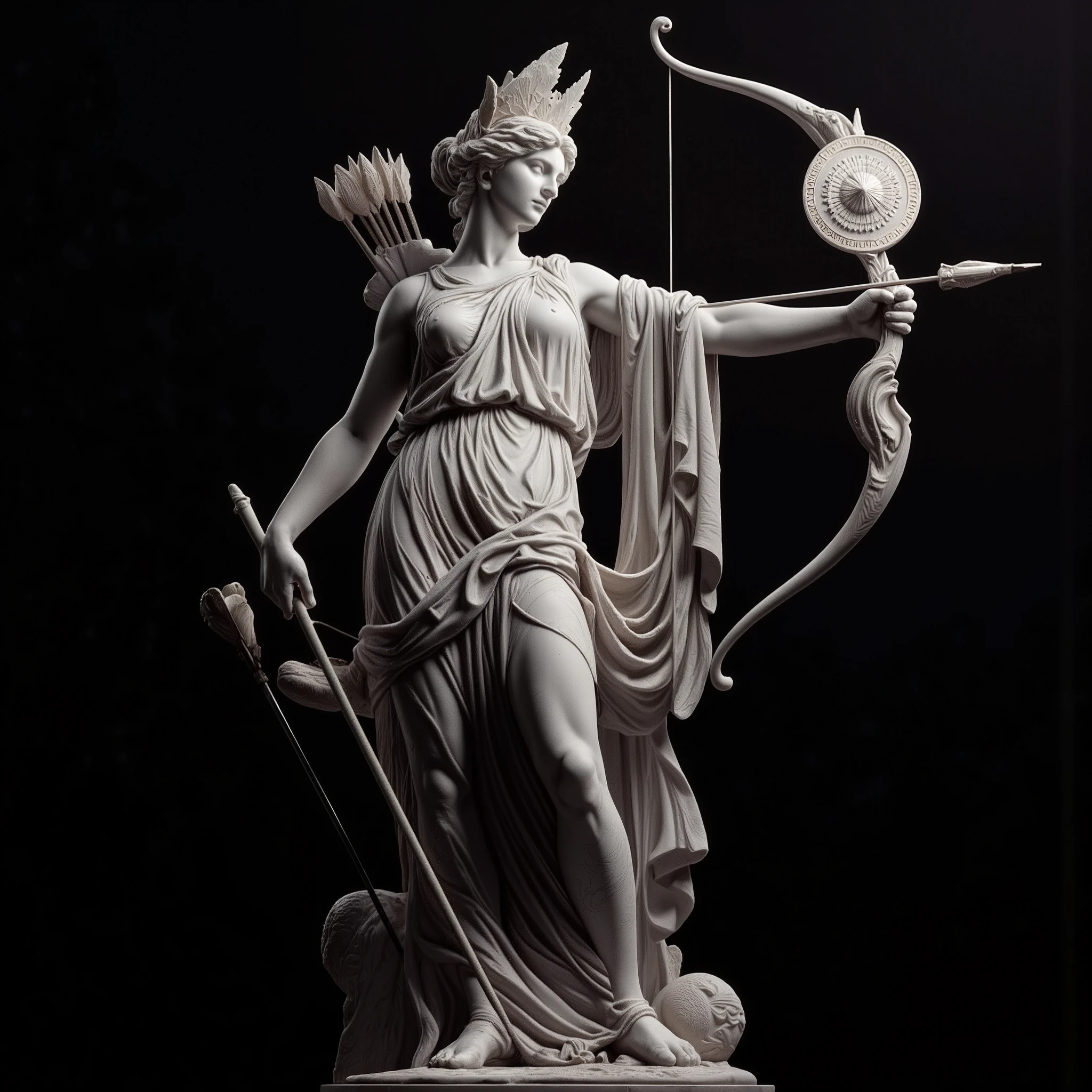 Artemis, the goddess of the hunt, depicted as a full-body marble statue. She has a quiver of arrows and a bow