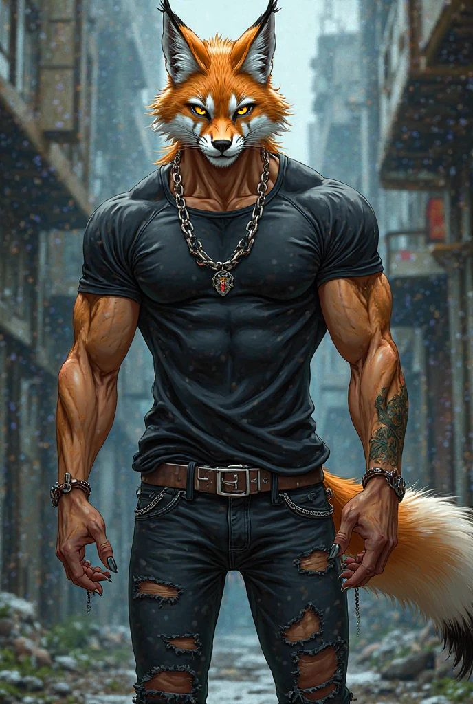 masterpieceы, fluffy, male, anthropomorphic, dark red wolf, Vein, slim build, tender eyes,White underbelly, shiny body, Street Thug, Punk, depth of field, perfect lighting, (Best quality),(masterpiece),(ultra detailed), sharp focus, Detailed wasteland background, shirtless, huge and juicy black nipples, fierce look, gloves, skinny black shorts, Vein calves.hairy fluffy armpits, tattoo, brilliant,