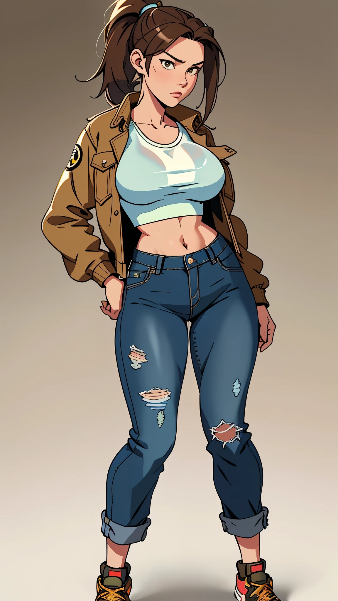 photo realistic, ,1 girl, ponytail, brown hair, popped collar denim jacket, ,popped collar, shorts pants, aroused, full body shot, see-through,tight, huge breasts, midriff peek, fellatio, cum