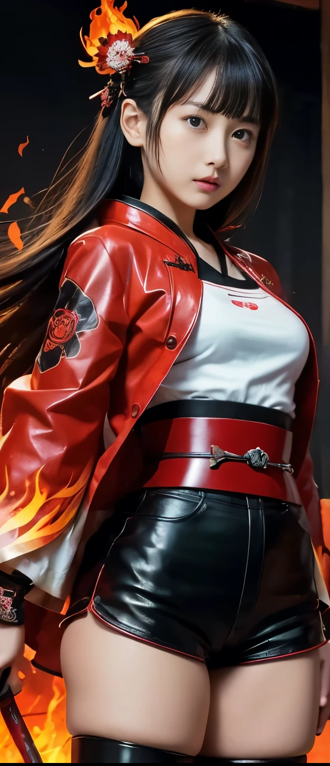 Pure Samurai Idol Girl、A pure girl's face、 hypo、Black Leather Tight Shorts、Skeleton Print Red Kimono Jacket、、Glowing Flame Japanese Sword、Samurai Belt、