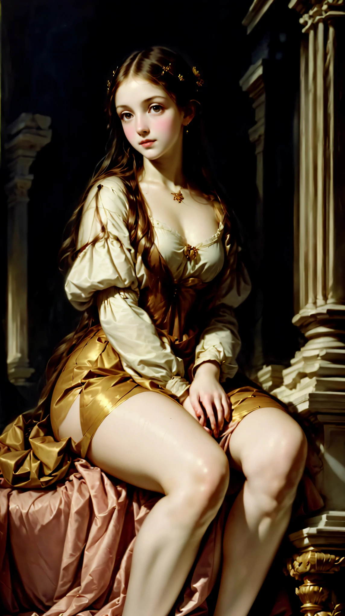 portrait, girl, Middle Ages , classicism, style painting, paint, traditional media, Realistic, figurative, , oil on canvas, HDR, 8k, Original Character , high resolution, high detail, focus on the face , hands on display , beautiful hands, showing hands, hands on lap, hands on legs, HANDS RESTING ON THE THIGHS , Hands resting on the legs , thick thighs, long legs, Young maiden , bela, Persephone