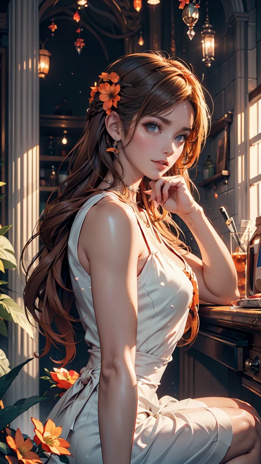 Young Scandinavian woman, Cute Face, Fascinating, highest quality, masterpiece, Translucent summer dress, Golden Hour, Detailed Texture, Long braided hair, Pause, カジュアルなPause, Wooden cottage, interior, [blush], beautiful, complicated, Caustics, light, sunlight, (((Soft lips))), (((Glossy lips))), Very detailed, (Semi-realistic:1.2), Niroudef, Redhead、Sexy proportions、