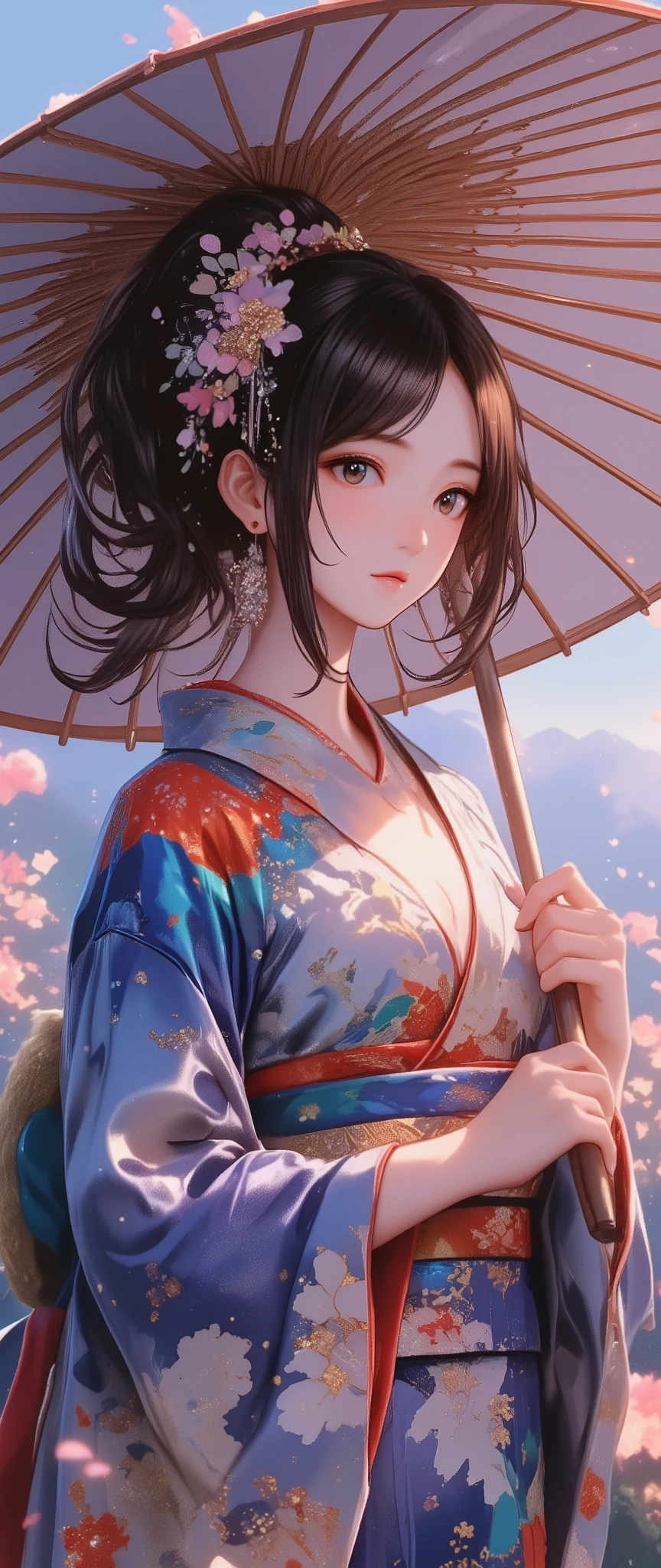 Woman holding a Japanese umbrella , Nishijin Textile Kimono , Japanese painting style, beautiful anime style portrait, Extra , detailed portraits of anime girls , Beautiful Anime Portrait , beautiful anime women , digital Animation illustration, Anime Style Portrait , Additional Art ,realistic, (Beautiful Anime Girl Showing Naked Skin, large breasts, huge breasts, big breasts, uplifted breasts, well-defined breasts, Busty、deep cleavage)、anime style digital art , Animation illustration, ponytail, Navy Blue Kimono , Background is Sakura Fubuki