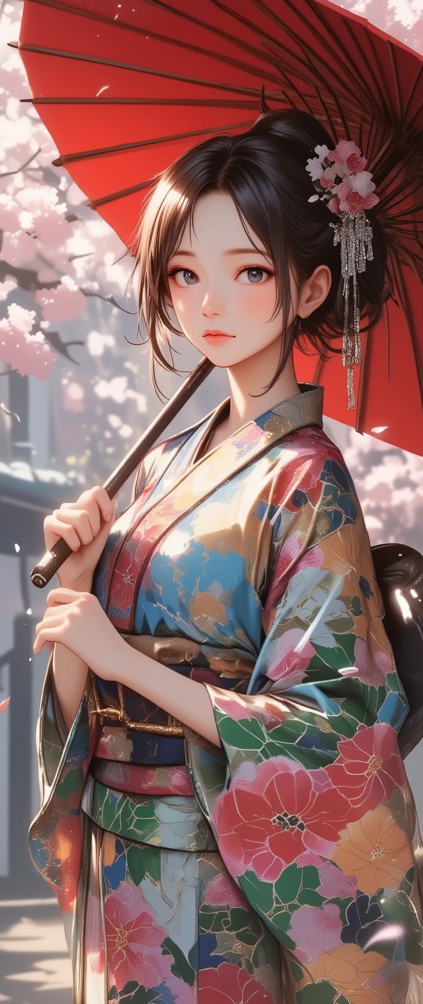 Woman holding a Japanese umbrella , Nishijin Textile Kimono , Japanese painting style, beautiful anime style portrait, Extra , detailed portraits of anime girls , Beautiful Anime Portrait , beautiful anime women , digital Animation illustration, Anime Style Portrait , Additional Art ,realistic, (Beautiful Anime Girl Showing Naked Skin, large breasts, huge breasts, big breasts, uplifted breasts, well-defined breasts, Busty、deep cleavage)、anime style digital art , Animation illustration, ponytail, Navy Blue Kimono , Background is Sakura Fubuki