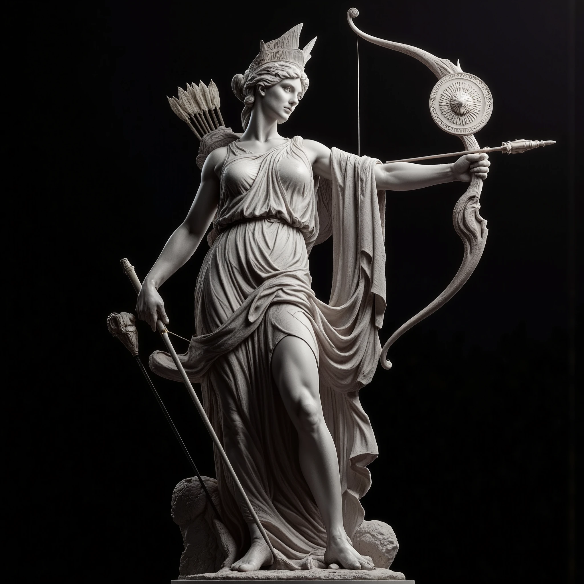 Artemis, the goddess of the hunt, depicted as a full-body marble statue. She has a quiver of arrows and a bow