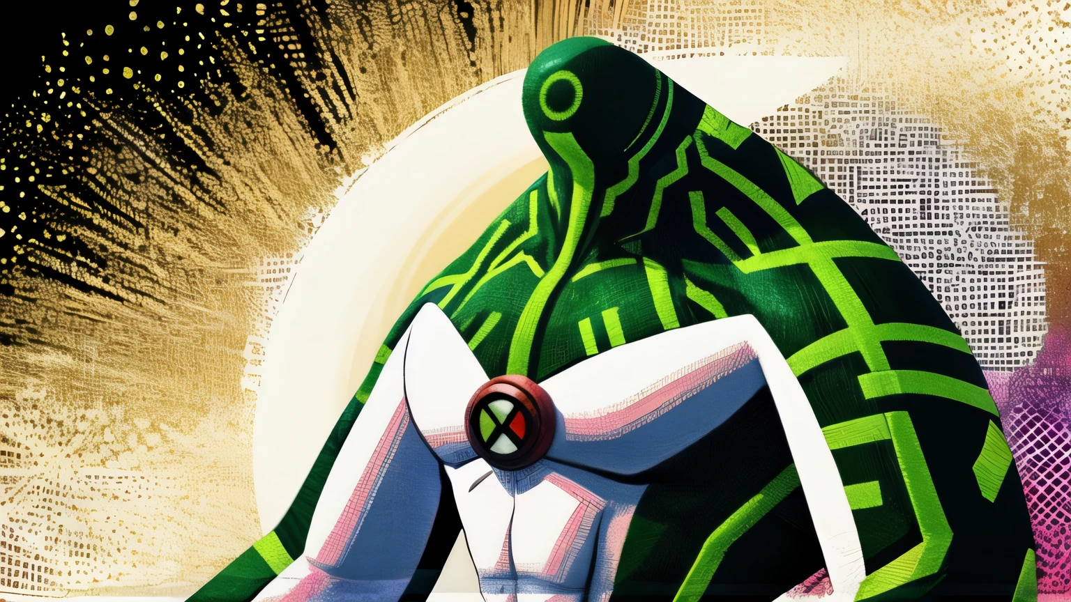 punctuation_9, punctuation_8_High above, punctuation_7_ j0j0styl3 non-human being, slim and stealthy appearance, with a metallic green skin, bright yellow eyes, body is covered in intricate patterns that resemble billowing green flames. j0j0styl3
