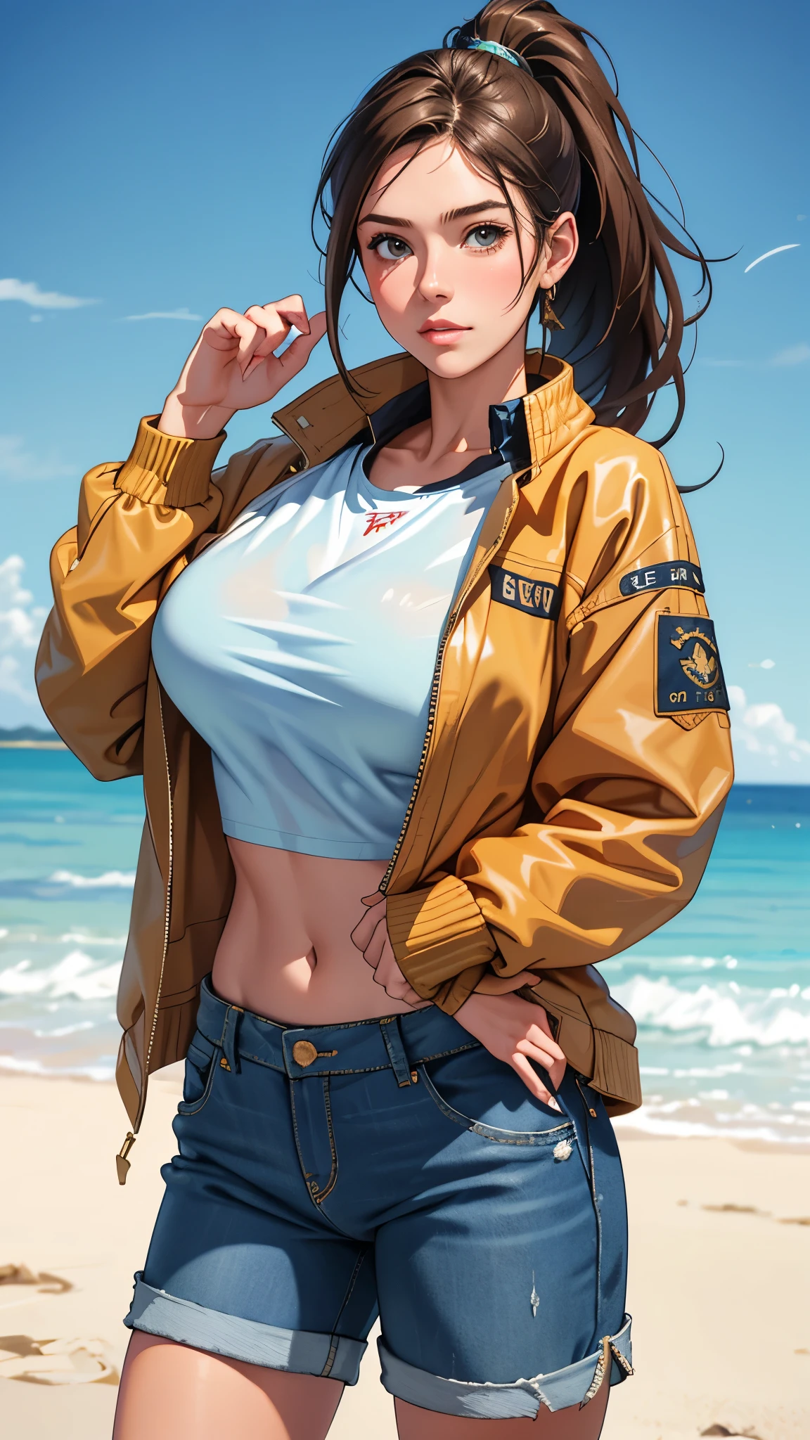 photo realistic, ,1 girl, ponytail, brown hair, popped collar denim jacket, ,popped collar, shorts pants, aroused, full body shot, see-through,tight, huge breasts, midriff peek, fellatio, cum