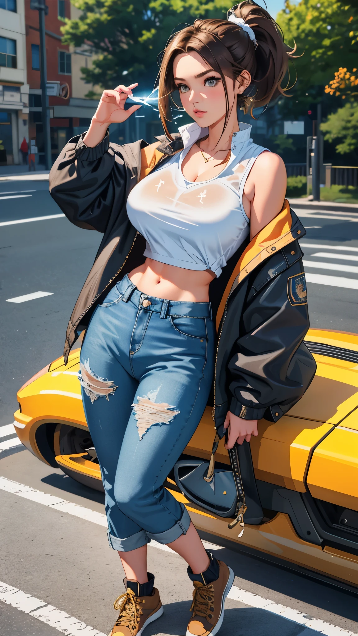 (((1 girl))), full body photo, (Cindy Aurum:1.3), (final fantasy XV:1.2), (white short hair, floating hair:1.3),(dieselpunk auto repair shop:1.3), (cropped yellow jacket with pockets:1.3), (baseball brown cap:1.3), (red bikini:1.3), (denim blue short shorts:1.3), (white stockings:1.3), (boots:1.3), (tool belt:1.3), (car oil in skin:1.4), super idol face , beautiful, beautiful face, hanfu girl, masterpiece, alluring, adult, mature, bright green eyes, (hard lights, hard shadow, key light, key lights), skindentation, shiny skin, glowing skin, sweaty, slim girl, ((( very sweat, fresh, water drop, very sweaty, sweaty, water in hair, steamy ))), bright green eyes, {{{shade of white hair }}}, small breasts, shiny hair,

