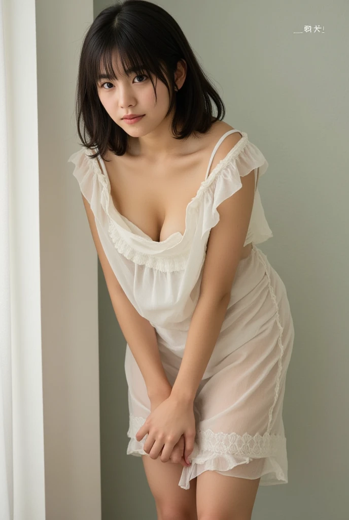 ((highest quality, table top, 8k、best image quality, very intricate and detailed details)), one Japanese woman, beautiful mature, 40 years old, standing, (full body:1.5), (perfect anatomy:1.3), from back, full body:1.5, beautiful back, white camisole, short jeans, perfect face and eyes, clump body:1.5, large breasts,  (The most moody and romantic warm lighting:1.2), very long shaggy hair, side ponytail,