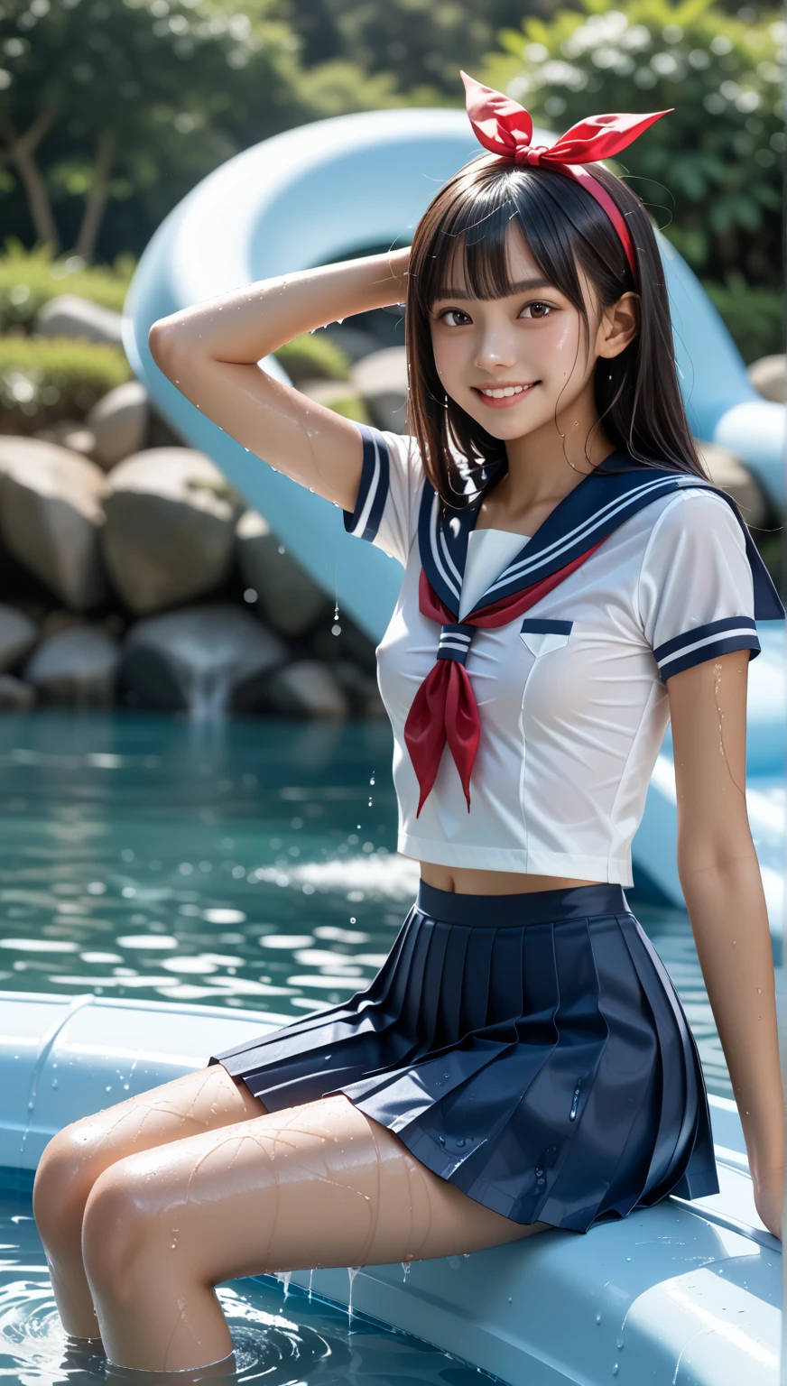 Realistic photos of shoulder length hair, bangs, ponytail, light makeup, (small), fountain, clear facial features, 8K high resolution, sharp and realistic details, full body, high school uniform, white skin, white sailor suit, mini skirt, pleated skirt, f/4.0, 135mm, fujifilm, jpeg artifact, dithering, uhd, masterpiece, wind, cherry, blur, spinning around,