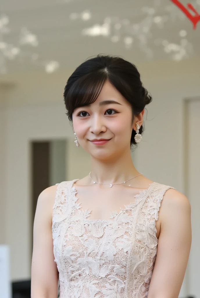 (wedding bun short hair:1.2), (white wedding dress, intricate dress, ball gown, bride, curtains, depth of field, dress, flower, hair flower, hair ornament, see-through, white flower, white rose:1.1), (face full of joy:1.3), one girl, 14 years old, 8k, RAW photo, best quality, masterpiece, realistic, photo-realistic, clear, professional lighting, BREAK, no makeup face, smile, BREAK, (short cut hair, small breasts:1.2), (looking back:1.2), (black eyes, black hair:1.2), full body shot