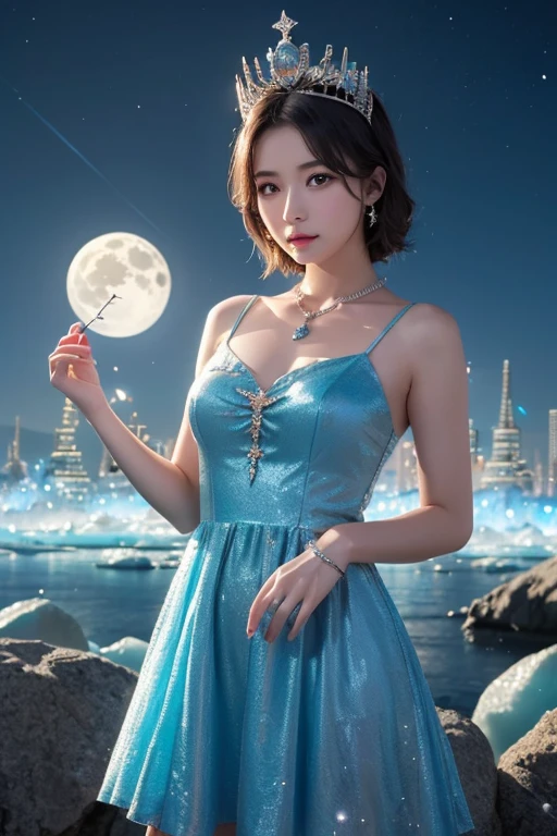 Xuer hologram Laser dress in the depths of wonderland,Moonlight falls like water,Foggy Room,The heroine's figure is vaguely visible,Like a fairy in a painting,Slender sexy legs,Very beautiful legs,Large Breasts,Visible cleavage,美丽而又带着一丝mystery的色彩。Her face is beautiful and delicate,Showing extraordinary beauty。Twinkling Stars,Show the light of perseverance and wisdom。The bridge of the nose is straight,Cherry lip color,The slightly upturned corners of the mouth reveal confidence and calmness。Clearly defined face,Skin like jade,Reveal healthy glow,Just like fairies, Her makeup is light and delicate,No excessive embellishment,Show her temperament and charm。Light foundation highlights the translucence of the skin,A light eyebrow pencil outlines her perfect eyebrow shape,Eye makeup is eye shadow and eyeliner,Make her eyes brighter、Energetic。嘴唇涂上grace的口红,Add a touch of charm and sophistication。Clothes fluttering。Hair tied haphazardly behind the head,Secure with a jade hairpin,A few strands of hair fluttering gently in the wind,Add a touch of softness。Beautiful landscape,Attracted everyone's attention。Large Breasts美丽、grace、mystery、Full of power。