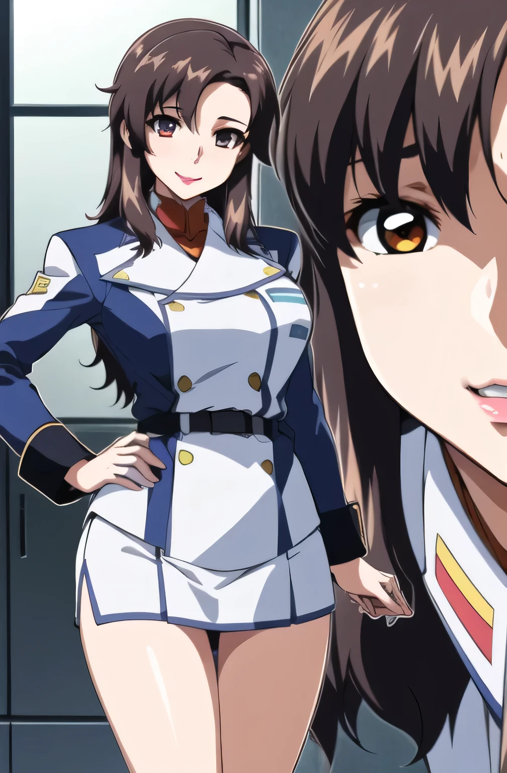 ((Please draw the length of the)),Spread your legs and show off your black panties,Eye の前にガーターベルト, 2-high stockings , face that has a thin waist even with big breasts,I want to draw expressions even more delicately on a 40-year-old adult woman,, When You Spread Your Legs , Please draw big breasts even bigger breasts,draw the length of the skirt even shorter {x} Please draw the face more delicately,The skin on the jacket is hidden by the uniform,That's enough for me,draw an expression on the face even more delicately, black , Please draw big breasts even bigger breasts,My waist is thin even with big breasts,
military uniform, military, jacket, blue and white uniform ,Please draw a shorter micro skirt, my whole body,
Front hair,Tea color_hair, length_hair,red Eye ,lipstick, offset,
1 girl, I want to draw expressions even more delicately on a 40-year-old adult woman,, young woman ,beautiful Finger,beautiful length legs,beautiful body,beautiful Nose,beautiful character design, perfect Eye , perfect face,expressive Eye , Perfect Balance ,
,(Focus on her face), I closed my mouth , (Innocent_big_Eye :1.0),light_笑face,
Official Art, very detailedCG 、 Unity 8k Wallpaper , Full light,colorful, bright _Front _face_lighting, white skin,
(masterpiece:1.0),(Highest_quality:1.0), ,4K,very detailed,
photo shoot, 8k, High image quality, High image quality, absurd:1.2, Kodak Portra 400 , film grain , blurry background, bokeh:1.2, lens flare between mouth and nose , ( vibrant_color:1.2), Professional photo shoot ,
(beautiful,huge_chest for men with white knees:1.4), (beautiful_face:1.5),(Narrow _ waist ),