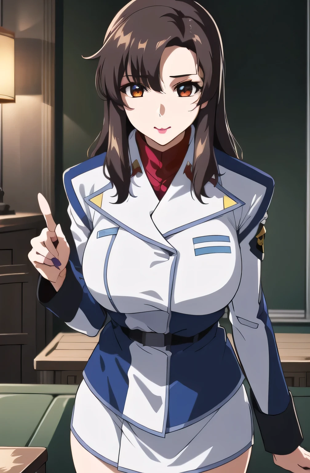   （（Please draw the length of the）），Spread your legs and show off your black panties，Eye の前にガーターベルト，                   2-high stockings                                     ，   face that has a thin waist even with big breasts，I want to draw expressions even more delicately on a 40-year-old adult woman，，                     When You Spread Your Legs                    ,  Please draw big breasts even bigger breasts，draw the length of the skirt even shorter {x} Please draw the face more delicately，The skin on the jacket is hidden by the uniform，That's enough for me，draw an expression on the face even more delicately，             black    , Please draw big breasts even bigger breasts,My waist is thin even with big breasts，
military uniform, military,              jacket,                                        blue and white uniform ,Please draw a shorter micro skirt, my whole body，  
Front hair,Tea color_hair, length_hair,red Eye ,lipstick, offset,
              1 girl, I want to draw expressions even more delicately on a 40-year-old adult woman，,                                        young woman      ,beautiful Finger,beautiful length legs,beautiful body,beautiful Nose,beautiful character design, perfect Eye , perfect face,expressive Eye ,                                        Perfect Balance                                       ,
 ,(Focus on her face),                                      I closed my mouth                        , (Innocent_big_Eye :1.0),light_笑face,
             Official Art,              very detailedCG 、                              Unity 8k Wallpaper                  ,  Full light,colorful,                                     bright          _Front                           _face_lighting,                                      white skin,
(masterpiece:1.0),(Highest_quality:1.0),          ,4K,very detailed,
    photo shoot, 8k,  High image quality,  High image quality,              absurd:1.2,               Kodak Portra 400        ,               film grain  ,          blurry background, bokeh:1.2,               lens flare between mouth and nose              , (                          vibrant_color:1.2),   Professional photo shoot ,
(beautiful,huge_chest for men with white knees:1.4), (beautiful_face:1.5),(Narrow                          _                          waist                          ),