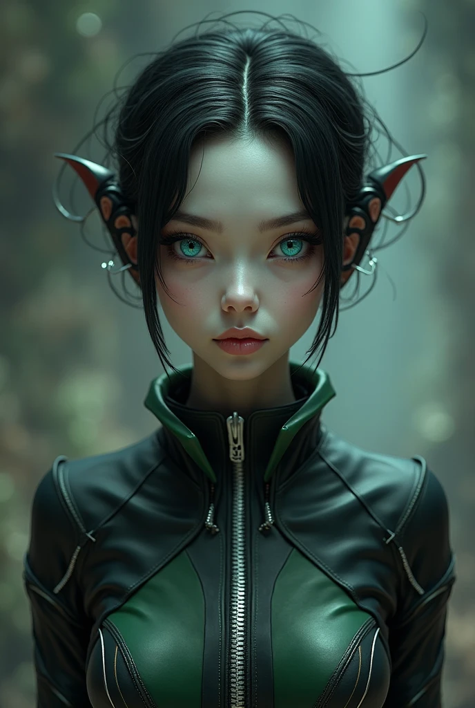 Create me a girl in a black, green suit. She has long black hair and green tips.
She has green eyes and green horns 
