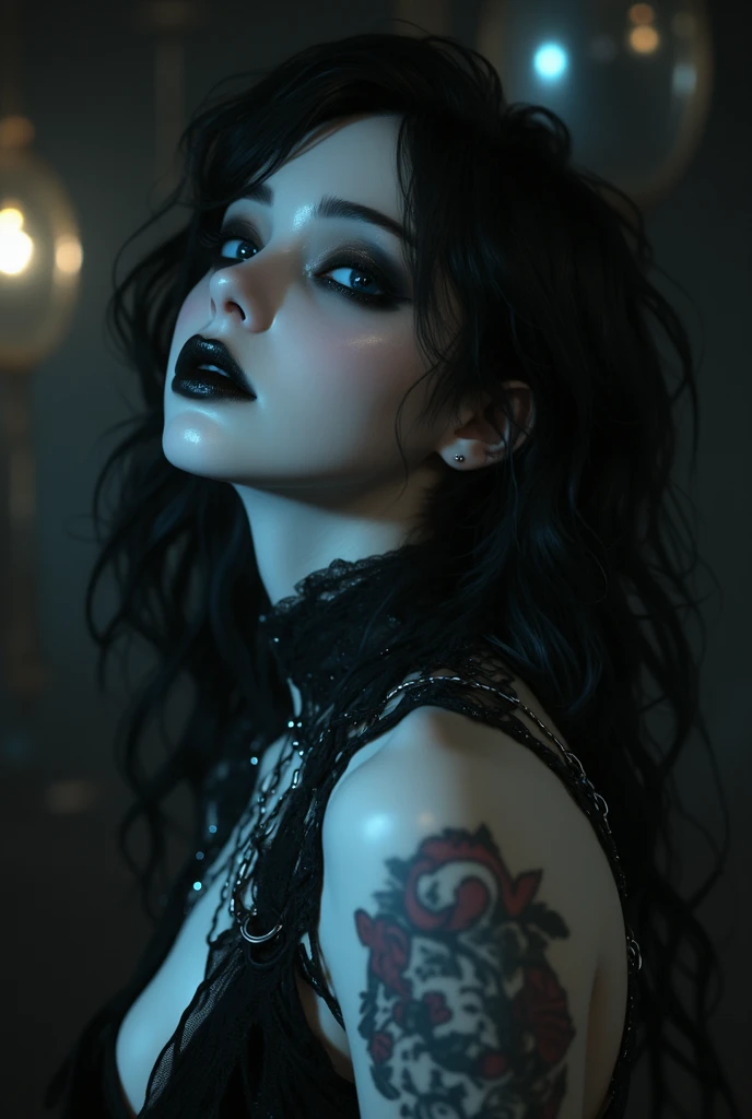 (best quality, highres, ultra-detailed, realistic:1.37), posing for a photo, beautiful female punk, gothic top model, topless, dark piercing eyes, extremely detailed eyes and face, beautiful detailed lips, long eyelashes, nasty gaze, aggressive look, Lilith, corpsepaint, gothcore, intense gothic atmosphere, topless, spiked collar, heavy eye makeup, dark lipstick, confident posture, standing tall, vibrant colors with a dark undertone, Blade movie style, dark background, film noir style.