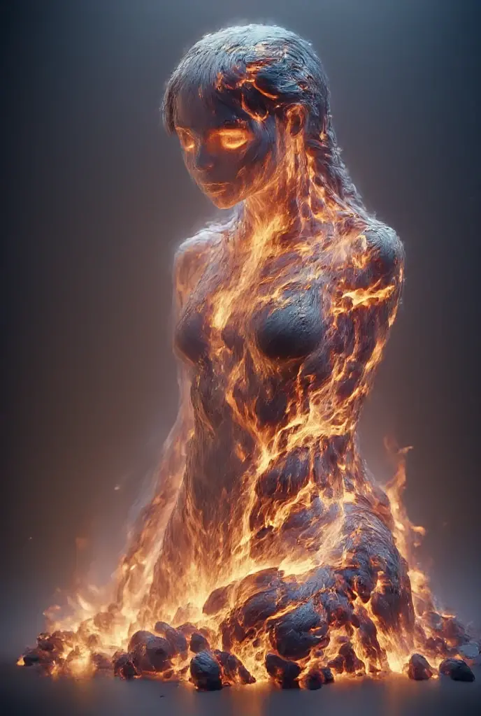 A human like figure made of fire dancing on a pot, forest rain background