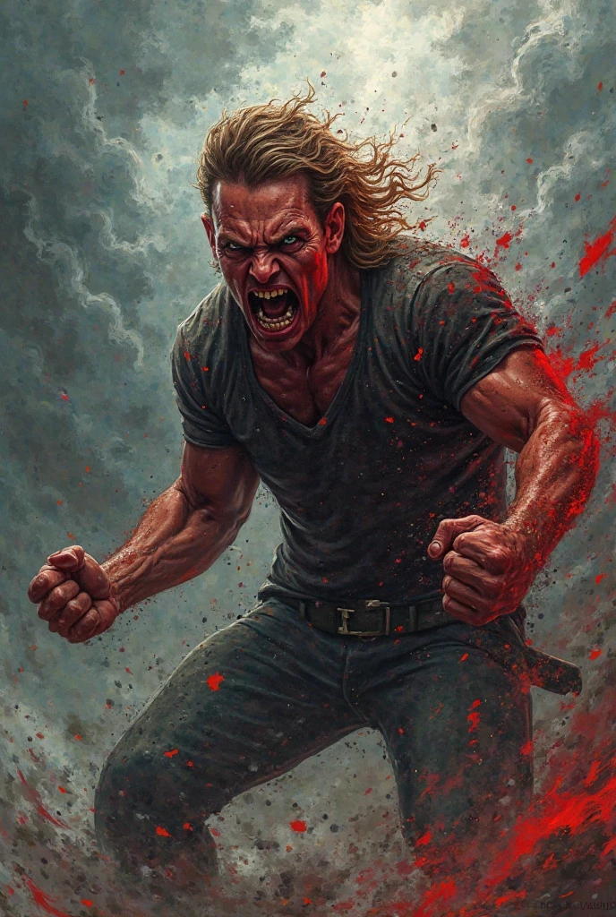 Create concept art for a film about a blond man with ,with black leather jacket and jeans,and torn,he is bleeding,and holding a gun!