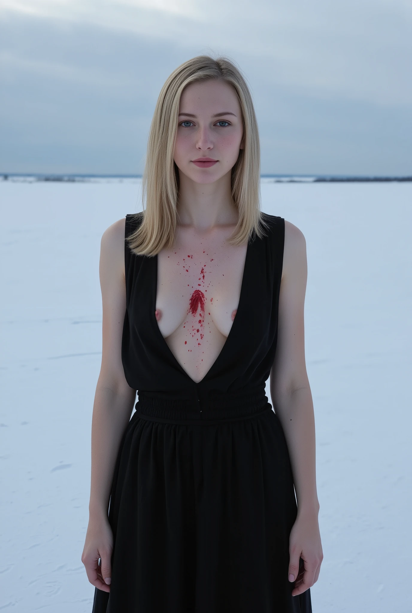 Snow-white Slovak girl with Slavic features wears a Black dress Covered in blood with an opening on the chest her skin shows signs of cold she is in a cloudy area with very low temperature, She is photographed without realizing it, the image has a cold charisma, avoiding photographic errors.
