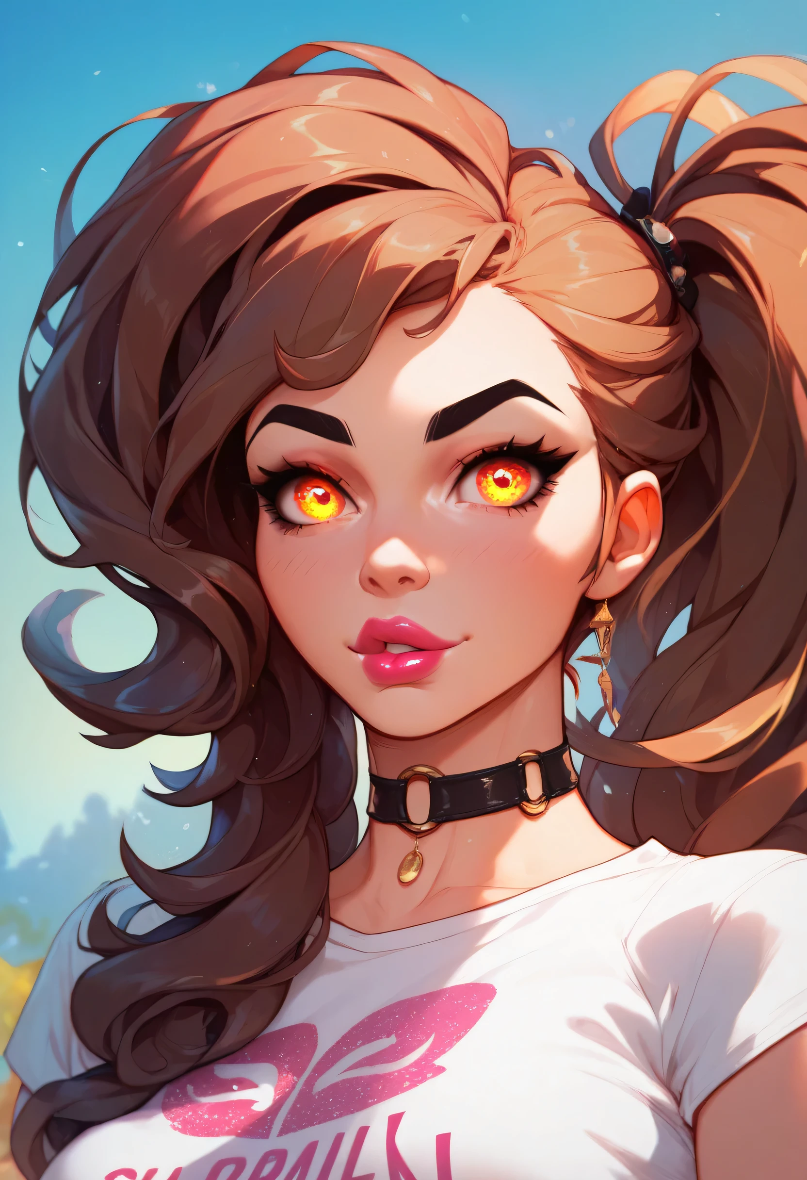 outdoors, 1girl, long hair, slick back side ponytail, brown hair, black eyebrows, thin eyebrows, pink eyeshadows, black eyeliners, big eyes, glowing golden eyes, thick lipstick, perfect face, beautiful girl, (t-shirt, black t-shirt), medium breasts, black choker, looking at viewer