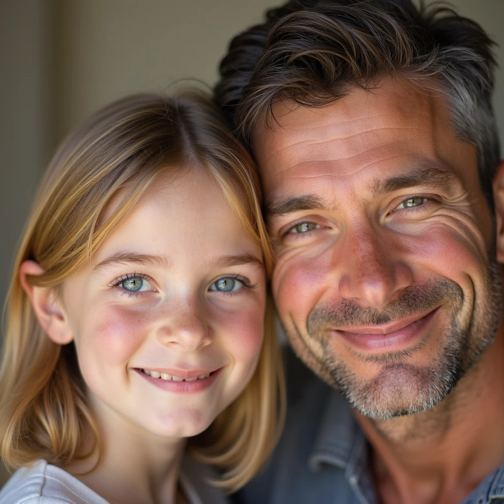 Pixar. Casal com sua filha menor. A menina tem os cabelos castanho escuro e soltos. Camiseta azul e jeans claro, sorriso largo. O menino de cabelos curtos quase careca, sem barba. Dark blue jeans and green t-shirt. They are both smiling and are 37 years old. A filha veste vestido rosa e se parece demais com os pais.