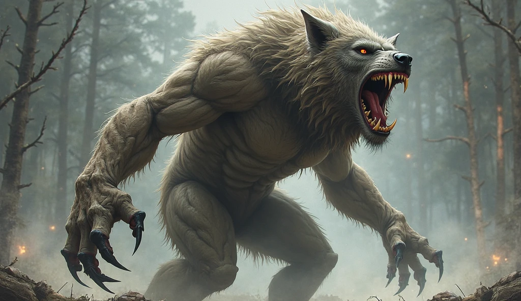 top quality, Best Quality, High-quality illustrations by Rembrandt, masterpiece, depth of field(beautiful face and very detailed eyes)absurdities, perfect anatomy, werewolf, resounding, red full moon, on the cliff, fog(kemono, super handsome boy, Focus only, muscle, hero pose)(hairy den)Whole body, plano general, squatting
