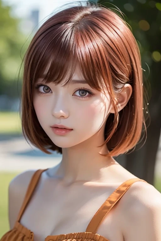 masutepiece, Best Quality, Illustration, Ultra-detailed, finely detail, hight resolution, 8K Wallpaper, Perfect dynamic composition, Beautiful detailed eyes, Natural Lip, Girly , Big breasts, cleavage,Sad face、Blonde、short hair