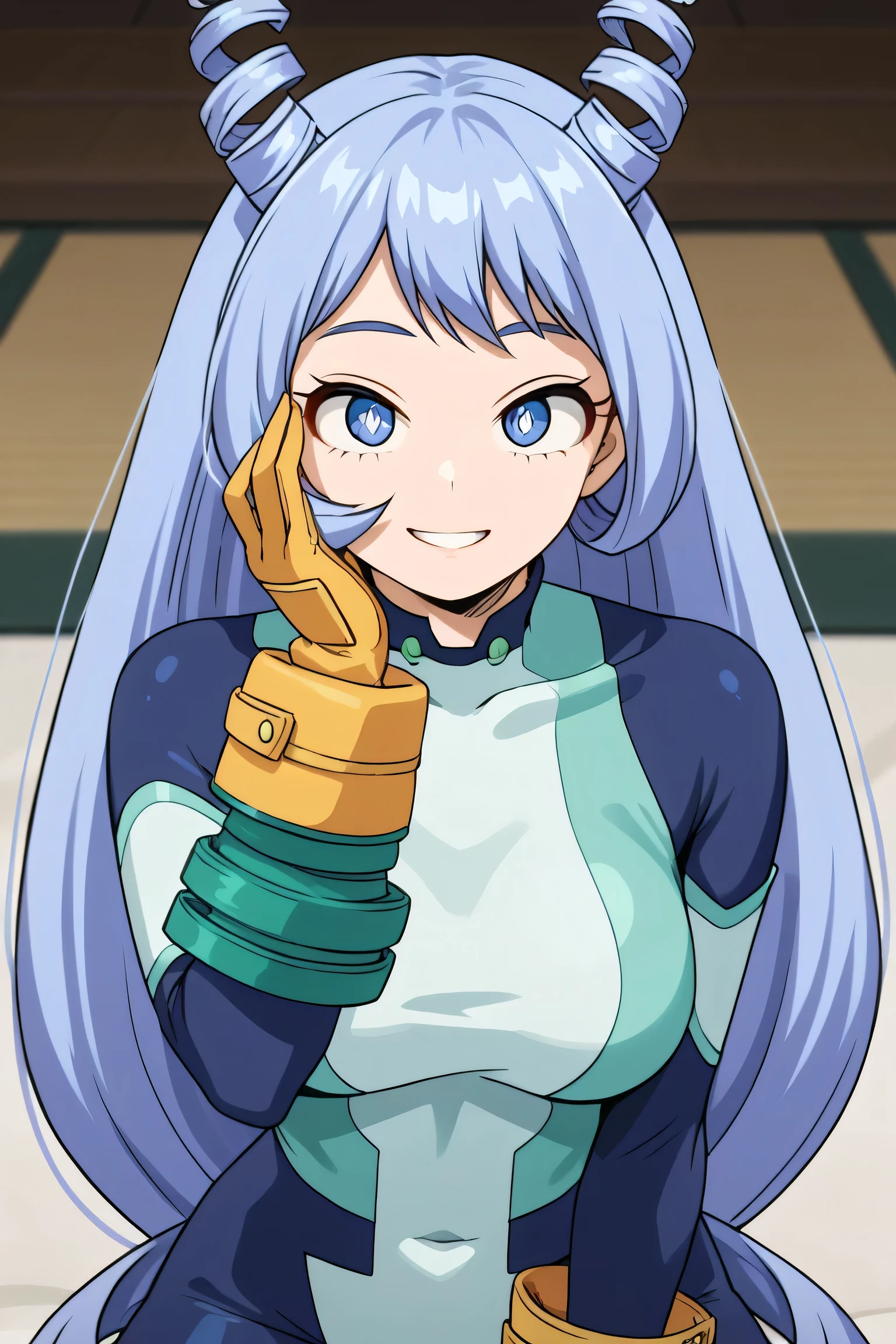 score_9, score_8_up, score_7_up, score_6_up, derpibooru_p_95, detailed background, source_anime, very aesthetic, anime screencap, anime coloring, inside traditional Japanese house, BREAK,
solo, 1 girl, portrait, hand on own face, seductive smile, parted lips, looking at viewer, BREAK
nejire hadou, blue eyes, blue hair, long hair,horns, blue bodysuit, bodysuit, drill hair, gloves, green bodysuit, multicolored bodysuit, multicolored clothes, yellow gloves,