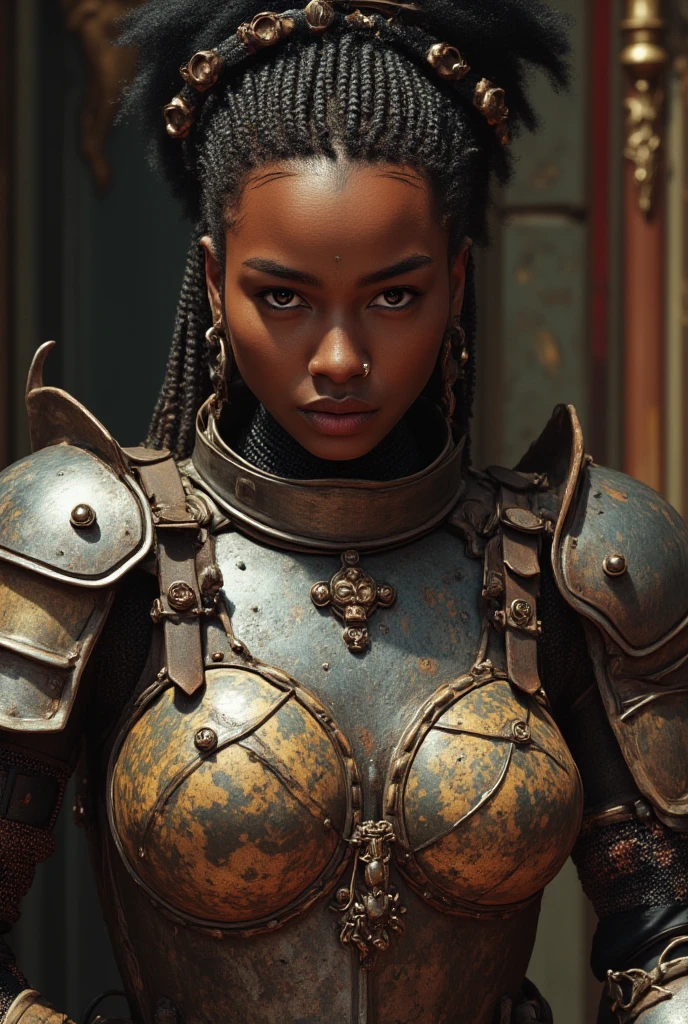 Portrait d'une femme chevalier noire sexy. cheveux tressés. Nez plat large. ((peau noire)). Armure lourde de chevalier. petits seins fermes. tresses. ((Bague piercing dans le nez)). Beaucoup de bijoux.