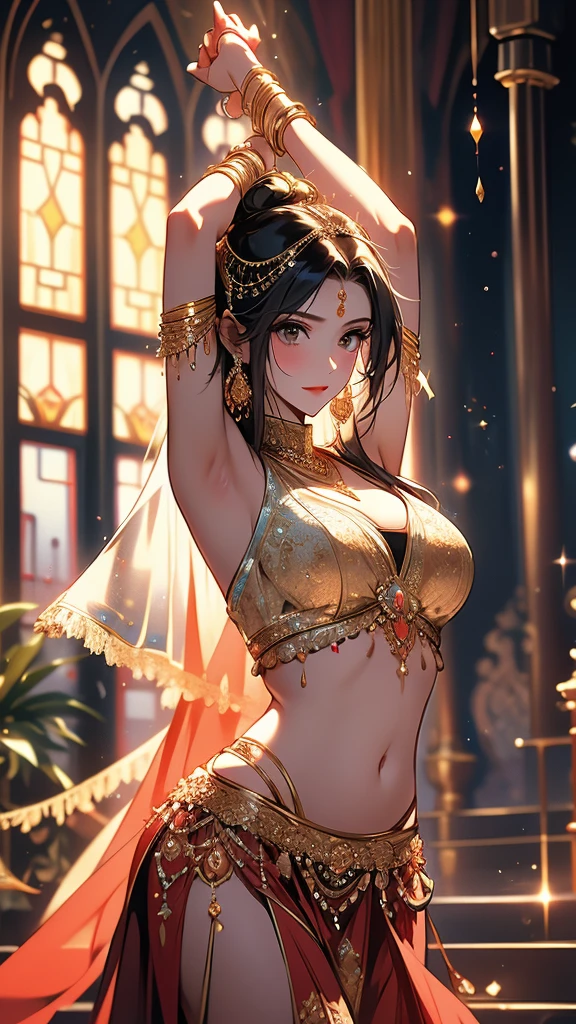 (Masterpiece:1.5), (((High qualityสุด, best quality, High quality))), ((complicated details, very detailed, Crazy details)), height, 32ก, Extremely detailed CG 8K unity wallpaper., (beautiful and beautiful:1.2),, (depth of field:1.3), (Flawless.:1.3), (Delicate depiction of details:1.4),
(((Abundant natural light, Delightful bright colors))), (Ambient volumetric backlight:1.5),  (Illustration of an extremely beautiful young woman:1.3),
(upper body:1.4), (perfect center:1.4), (Natural willow pose:1.5), (((dynamic poses, movie corner))),
(1milf:1.5), (alone:1.4),
beautiful beautiful face, [(detailed face:1.2):0.2], Bright eyes, Pure Rose Face_v1, ulzzang-6500-v1.1,  (gag:1.5), (red lips:1.4), (full lips:1.4), (smile:1.3),
Flawless attractive body, (((The feminine curves are pronounced.))), Skin glows brightly., realistic skin, hair follicles, (((Tightening belly, navel, Groin:1.3))),
(((Golden thread flutters.))), (Fringed tassels:1.3), (Tight long sleeves:1.4), (Single neck), (The invention shines.:1.5),(Strapless Thai dress with no straps:1.3),(Show your breasts,The crevice is clear.), (Elegant and intricate clothing accessories:1.5), (Embroidery work decorated with gems:1.4), (sparkling clothes:1.4), (sparkling particles:1.3), (((The front seam is sagging., Sagging back seam))), (((earring, armband, Hair clips, hair accessories))), (Stand alone in a magical outdoor garden decorated with gems and colorful exotic flowers and shrubs.:1.5), (Outside the great ancient palace:1.5), (((full body))),(((ขับnavel,List of dances,Thai Dance)))
