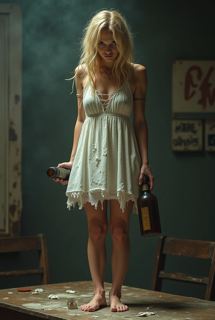create img, Grainy disposable, beautiful young indonesian women, blonde hair, wearing a red floral housedress, curvy body, lifting her daster high, background in mini market, visibility around is very low due to darkness.