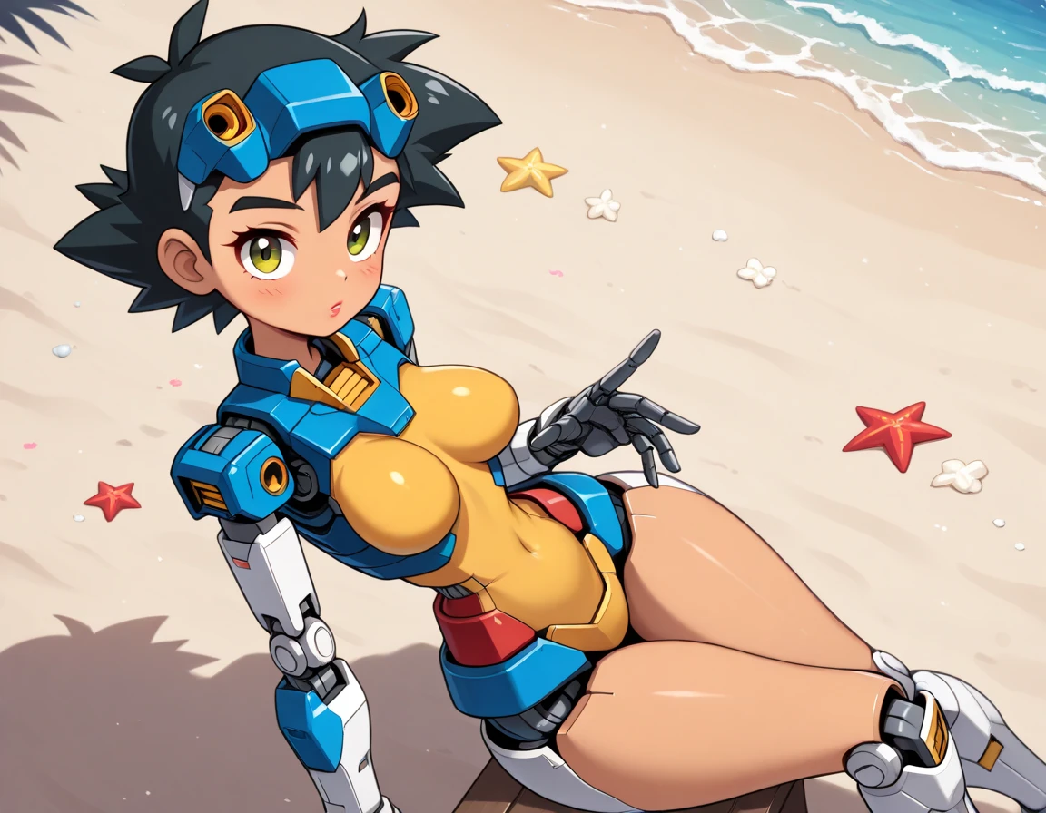 Jenny standing in beach, small blue bikini. Bent over. Cleavage. looking at viewer. Smiling. Hand on hip. Robot body, robot joints