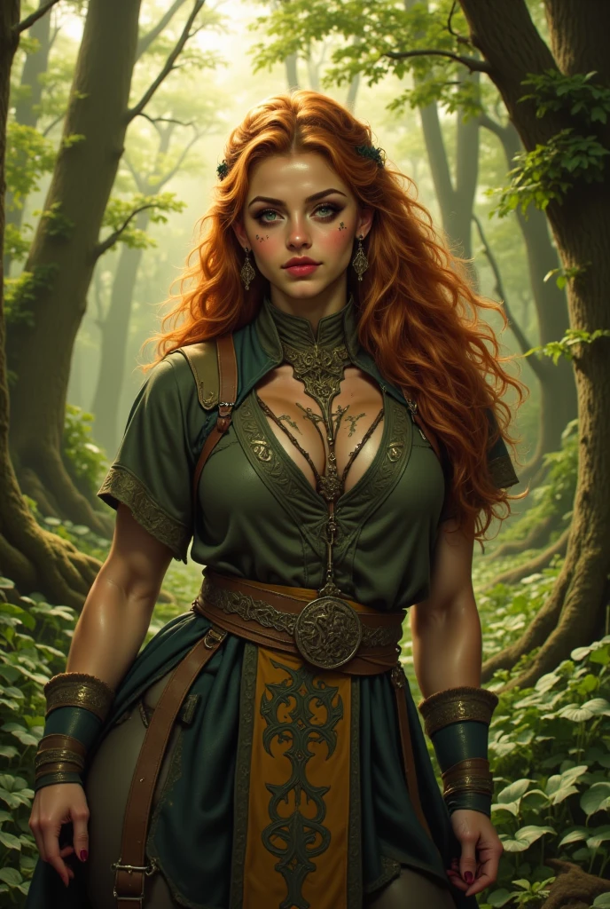 a woman in a green and red dress standing in the forest, lady huntress of the forest, fantasy art style, female forest archer, epic fantasy art style, elven warrior princess, beautiful maiden, Keylet, red-haired goddess, forest goddess, maiden with copper hair, Fantasy character art, very beautiful elven top model, fantasy woman, artgerm and wlop