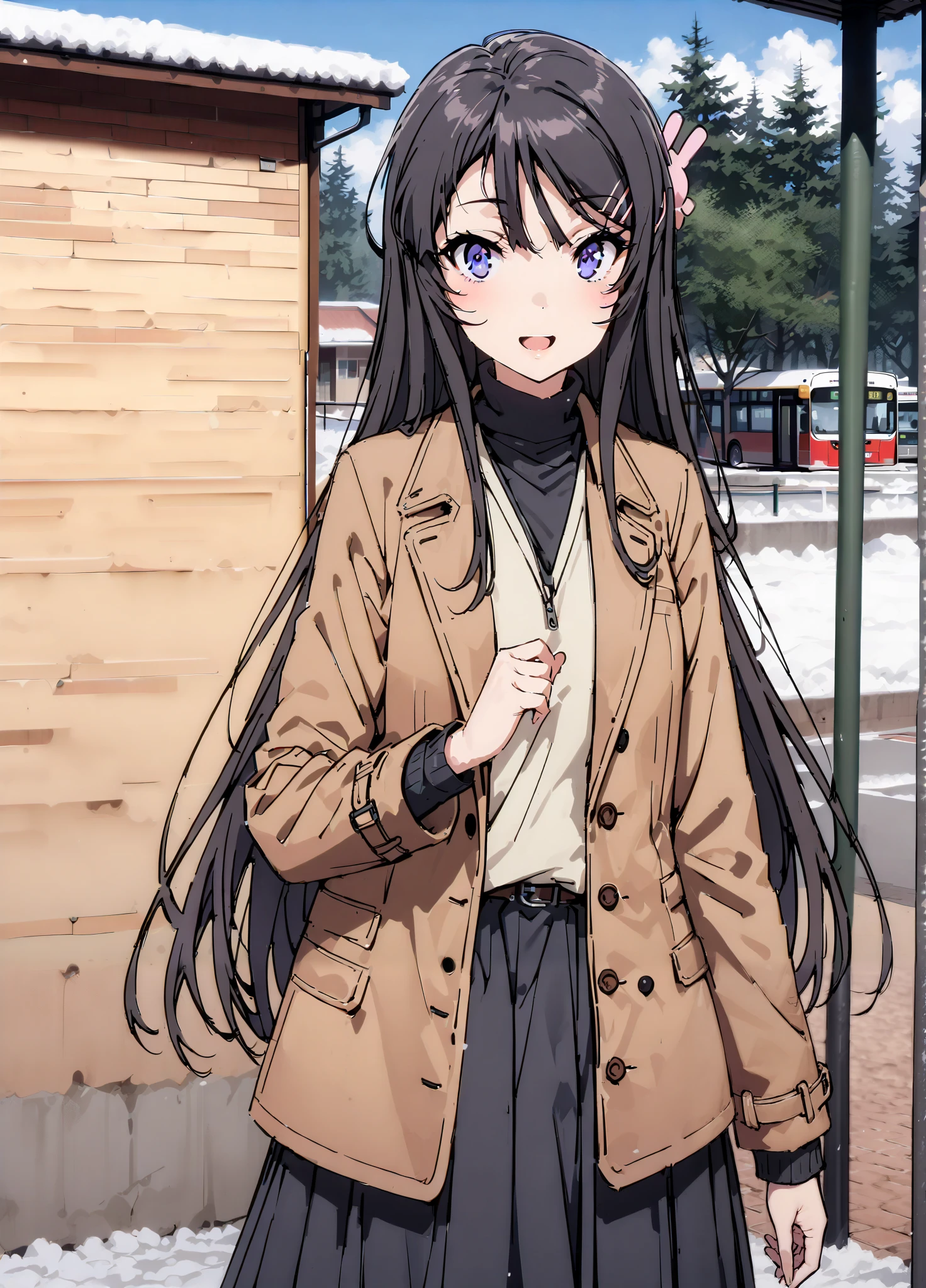 household, Mai Sakurajima , long hair, bungs, black hair,Alone, hair accessories, purple eyes, hair clip for hair, rabbit hair accessories,smile,blush,open your mouth,Glasses, duffle coat,(sweater :1.2),( turtleneck on acher:1.2),long skirt,long skirt,Black Pantyhose,boots,snow,winter,Standing residential area,Beautiful cityscape,,full bodyがイラストに入るように,
break looking at viewer,full body,
break outdoors, bus stop,
break (masterpiece:1.2),top quality , kampala, Unity 8K Wallpaper ,(shape:0.8),( fine, beautiful eyes :1.6),It's a person ,full body写真,CG Details , (perfect hands with full nudity, complete anatomy),