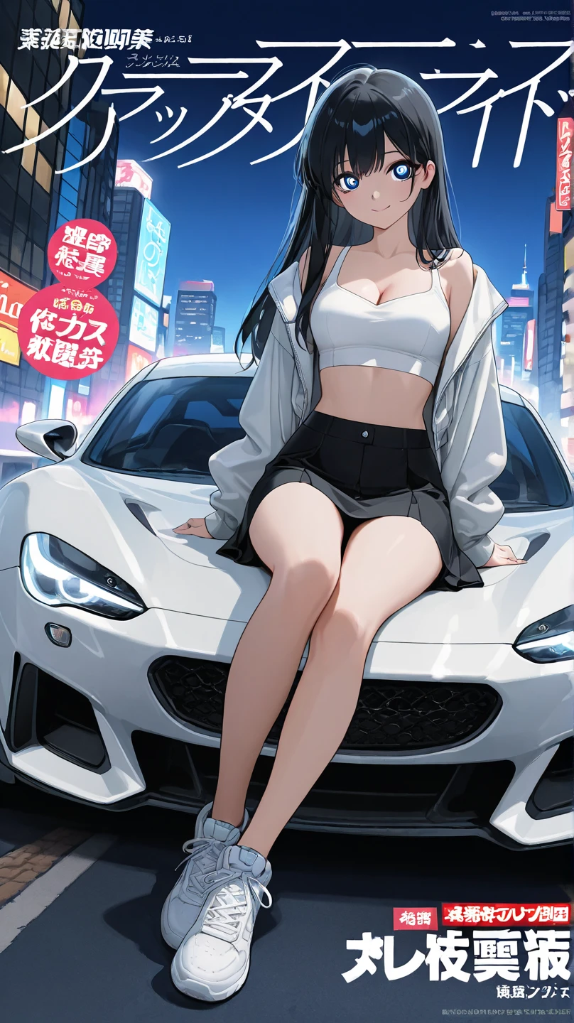 make anime girl in night, girl have big tits, she is siting on the car