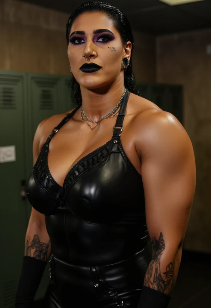 ((masterpiece, best quality)), Heavyset Black female wrestler, in yellow and black vinyl leotard studded with jewels, black vinyl wristbands, flesh-tone stockings, wearing lipstick, photo realistic, intricate details