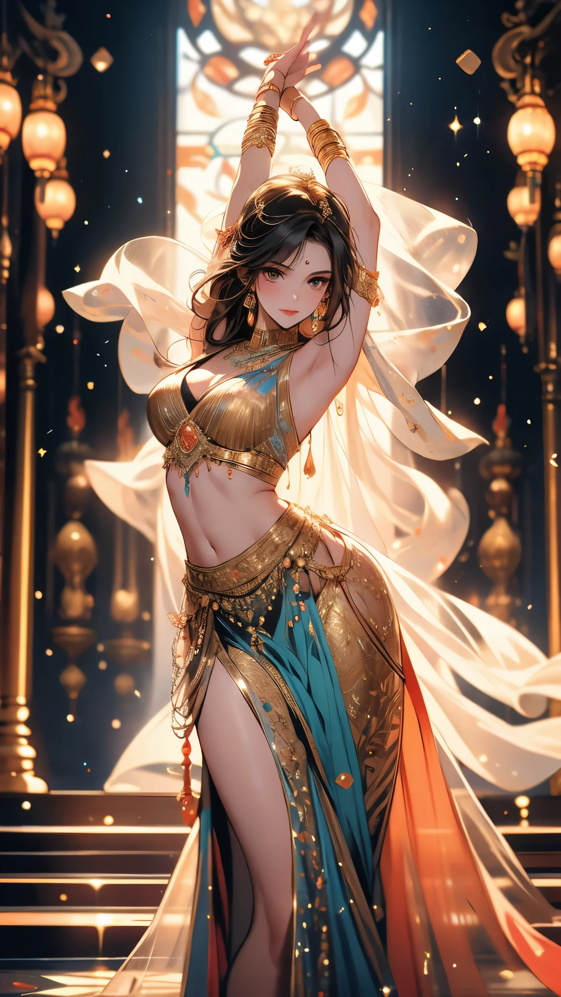 (Arabian Nights)、(A beautiful woman dances with a sword in each hand:1.2)、(Dance of the Sword:1.2)、(The sword is curved like a crescent moon.)、(See-through sexy outfitotion Blur)、Cinematic Light、Soft Light、Soft Focus、Bokeh、RAW Photos、Professional photos、The hustle and bustle in the palace hall、Blur the background、(Highest quality, masterpiece, High resolution)、4K、wallpaper