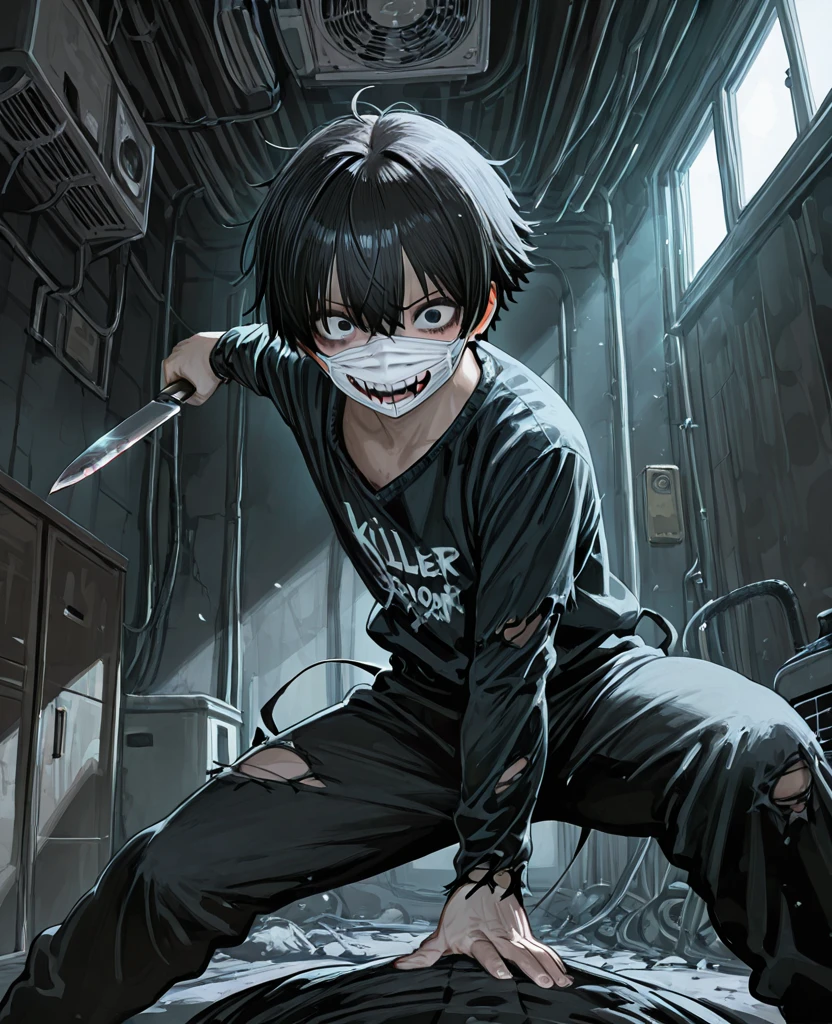 Jeff the killer, black hair, completely white skin, cut and red mouth in the shape of a smile, messy hair, white t-shirt, black pants, knife in his hand, high quality