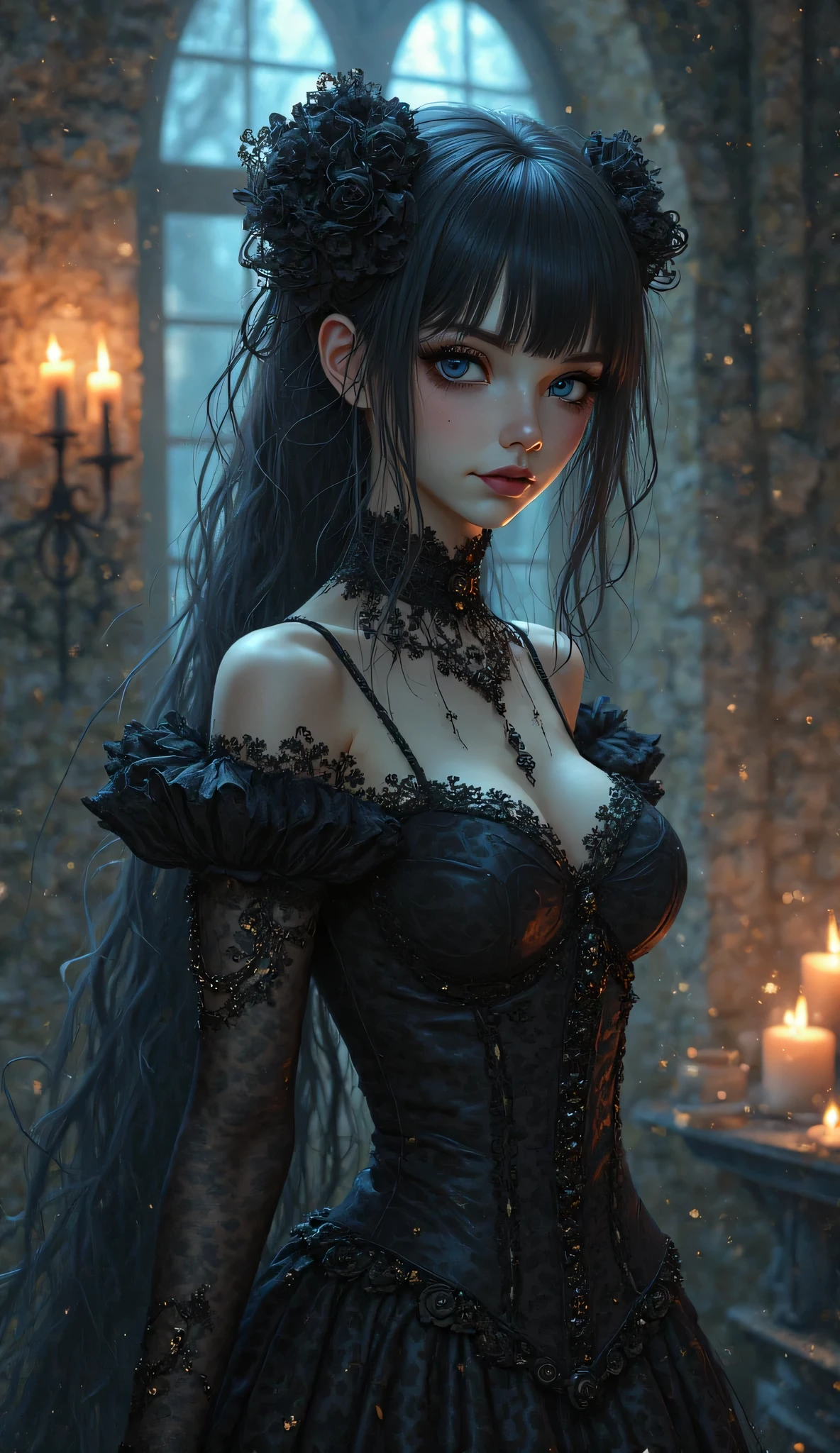 Create a gothic anime girl with big tits