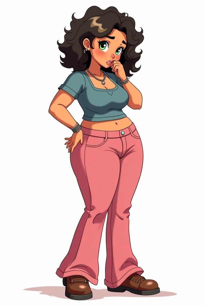 Create a cartoon image that looks like me.
light brunette, brown hair with a streak, thin blonde on each side, shorth hair, big chest big hips and big butt and thin thin waist in tight jeans