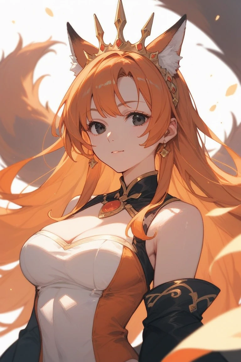 young girl, llong orange hair, Fox ears, Cyan eyes, Chinese sleeveless dress, ssmile, Masterpiece, hiquality