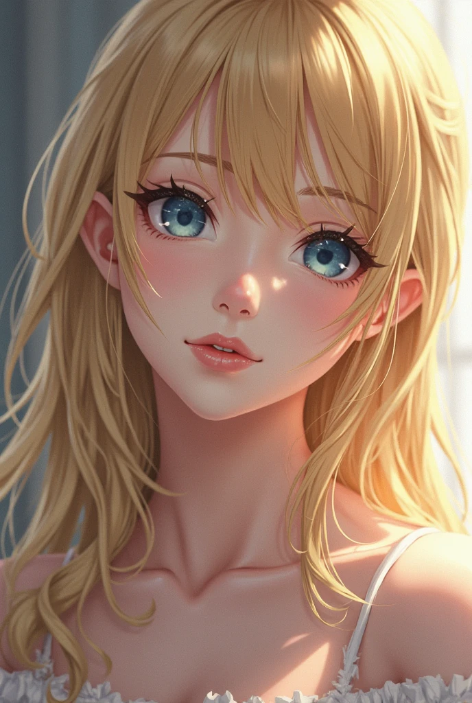 (masterpiece:1.2、Highest quality、masterpiece)、1 female、alone、classroom、Day、stand、blonde,One eye is covered by bangs,Disheveled Hair、blue eyes、(Completely naked:1.4)、(Whitening:1.4)、Big Breasts、Earrings、lipstick、Sweaty、Round 1、blush、(Face close-up:1.4),(Between one breast:1.5)