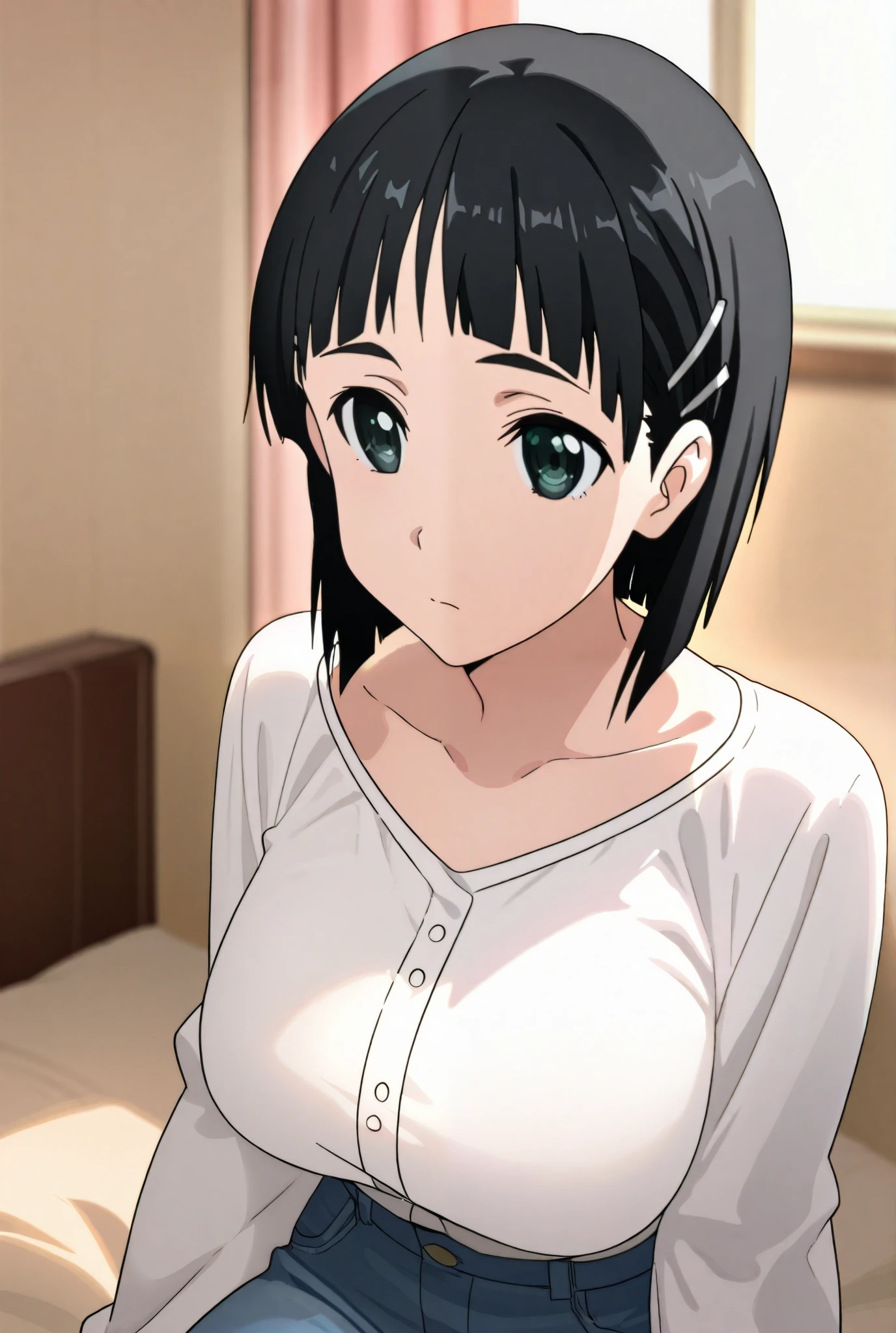 masterpiece, best quality, anime coloring, high detail, one girls,
Suguha Kirigaya (character), black hair, short hair, green eyes, wearing casual outfit, sitting, bedroom background