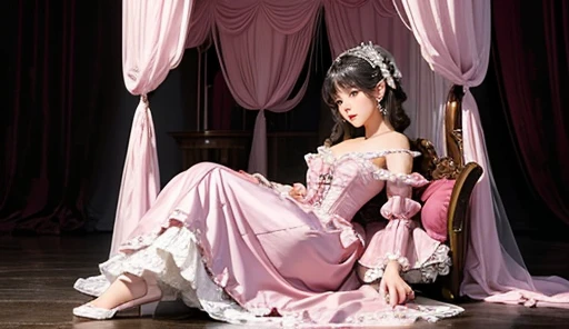 ((highest quality, muste piece, Super high resolution、the most complex and detailed depiction))、big smile looking at me、ink costume、(The most luxurious red and pink luxury bedroom:1.3)、(Gorgeous red and pink brothel bedroom:1.2)、One huge bed perfect in the background、Bed surrounded by luxurious curtains、1 girl、(Idol prostitute princess:1.3)、cleavage、big and full breasts、long and beautiful、look at me with a big smile、(Gorgeous and luxurious giant idol princess costume:1.2)、(Frilly red and pink luxurious and high class idol princess prostitution costume:1.2)、(A complex and high quality idol princess prostitution costume decorated with a large amount of jewels.:1.2)、(accurate anatomy:1.2)、(blurry distant view:1.2)、chandelier lighting、epic movie lighting